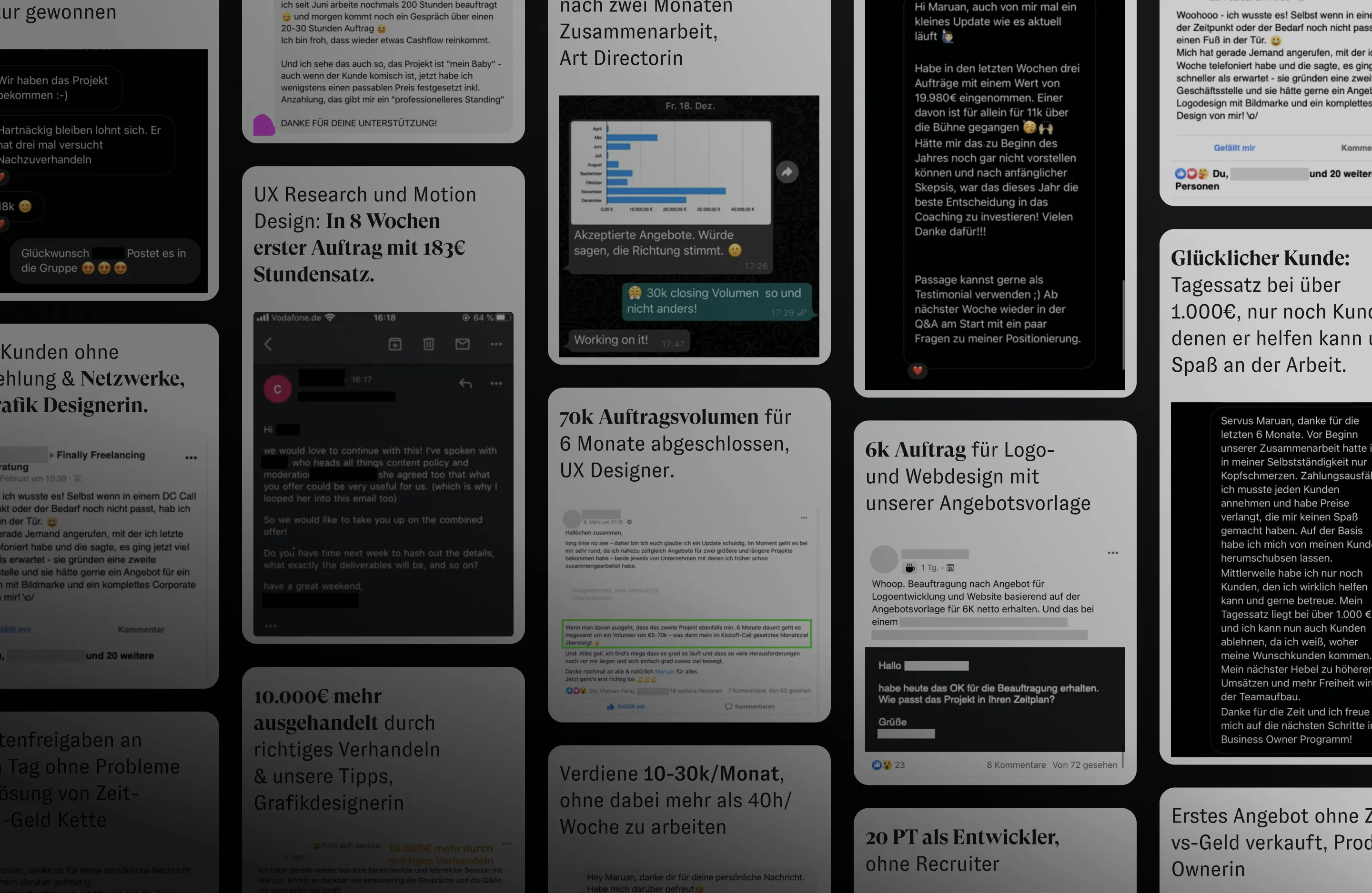 Bild mit zahlreichen Screenshots von Kundennachrichten und ihren Ergebnissen als Freelancer oder Agenturinhaber.