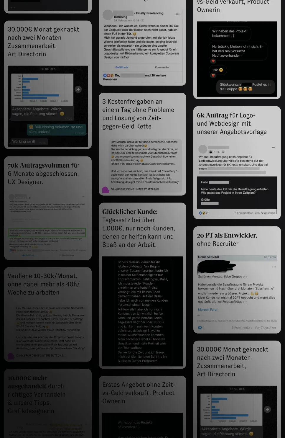 Bild mit zahlreichen Screenshots von Kundennachrichten und ihren Ergebnissen als Freelancer oder Agenturinhaber.